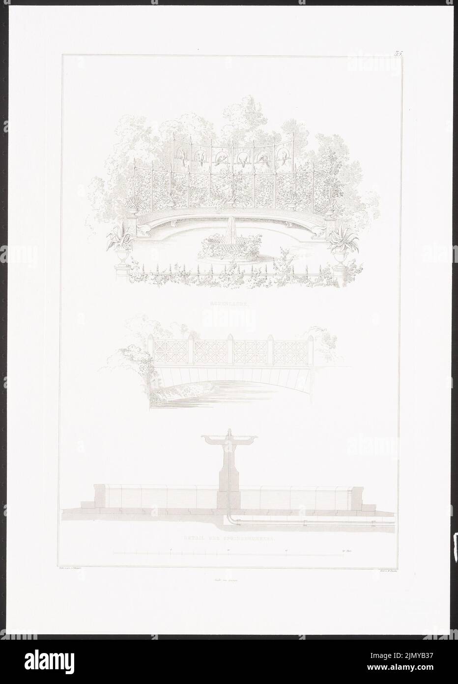 Schepcog Carl (1803-1885), Parc princier, Sondershausen. (De: Album architectural, vol. 1, H.6, Hrsg.V. Stüler, Knoblauch, Salzenberg, Strack, Runge, Potsdam 1840.) (1840-1840) : vue en perspective Rosenlaube, vue Pont, Couper. Couture sur papier, 48,6 x 34,9 cm (y compris les bords de numérisation) Banque D'Images