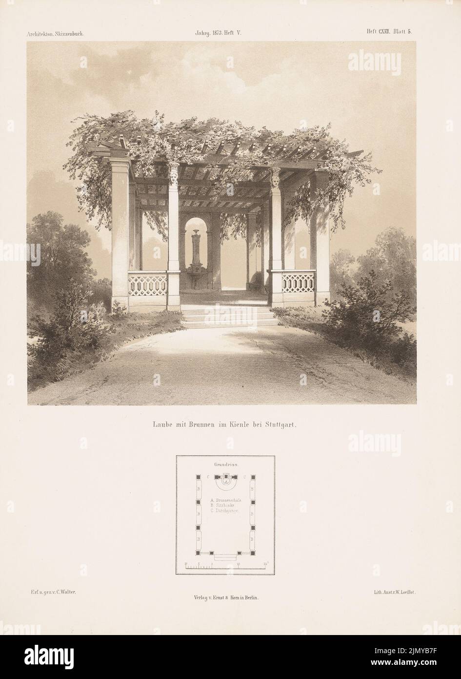 N.N., arbre avec fontaine, Stuttgart. (De: Carnet d'esquisses architectural, H. 122/5, 1873.) (1873-1873) : vue. Couture sur papier, 34,4 x 25 cm (y compris les bords de numérisation) Banque D'Images