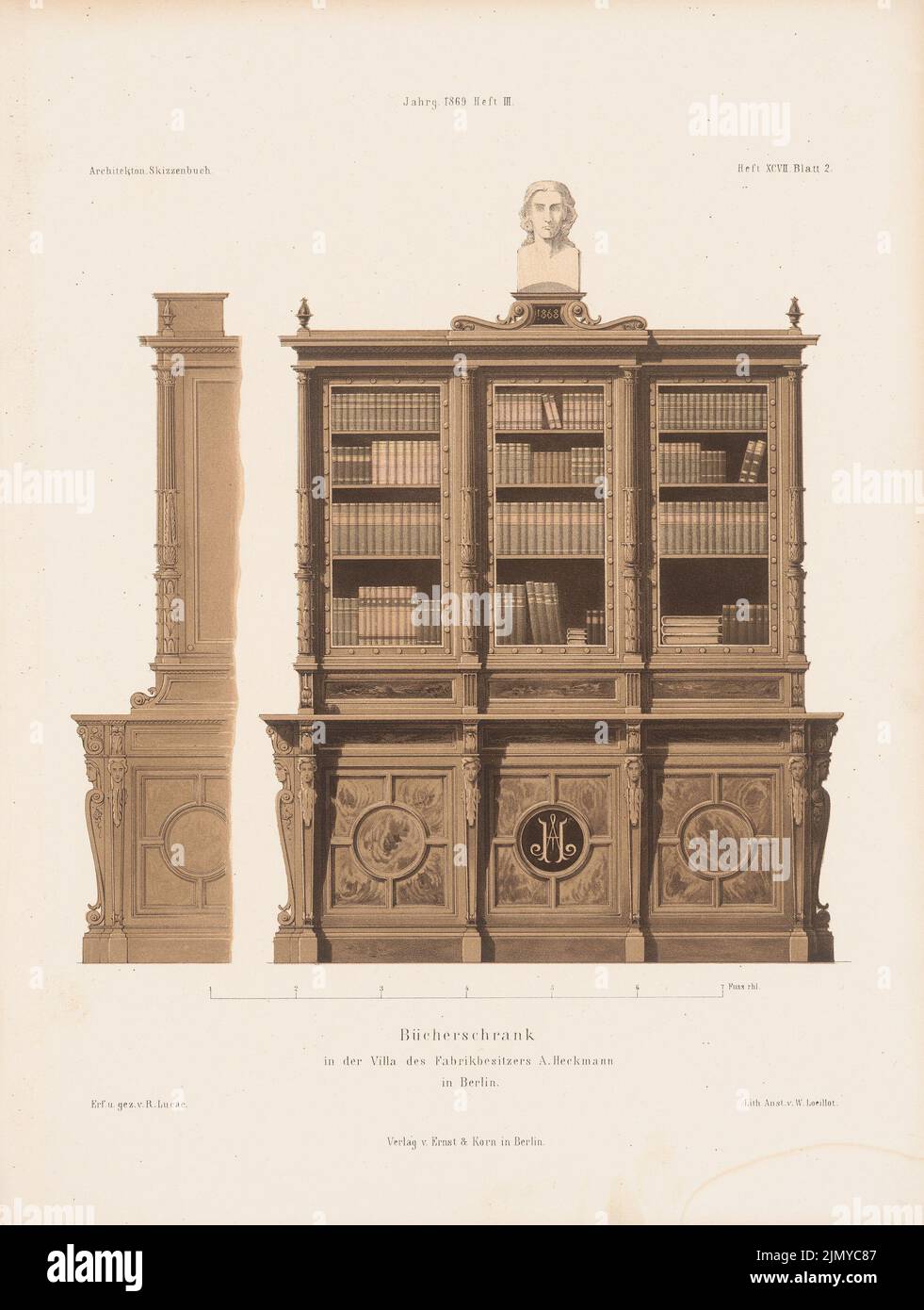 Lucae Richard (1829-1877), bibliothèque à Villa Heckmann, Berlin. (De: Carnet d'esquisses architectural, H. 97/3, 1869.) (1869-1869) : vue, vue latérale. Lithographie colorée sur papier, 33,5 x 25,2 cm (y compris les bords de numérisation) Banque D'Images