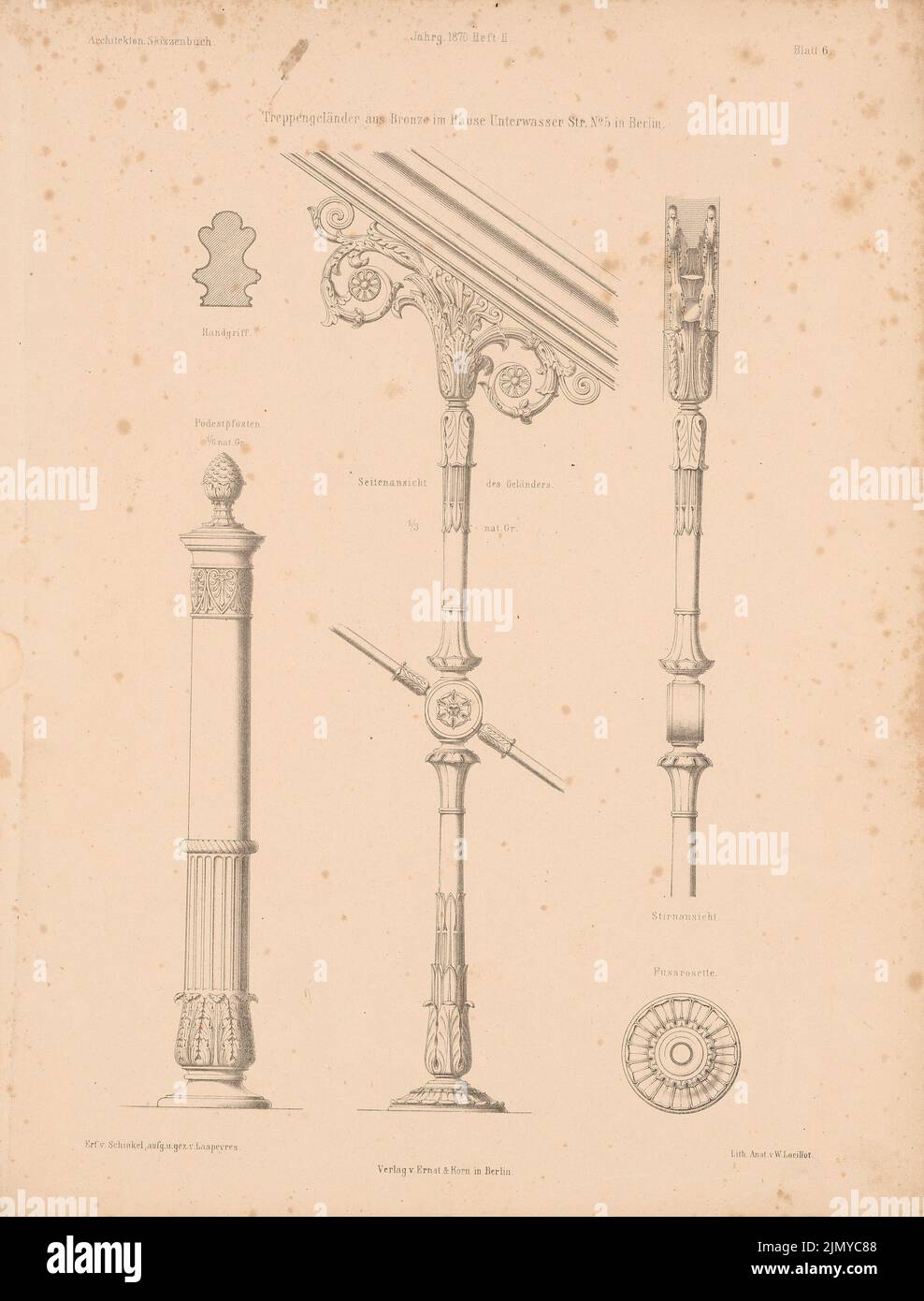 Schinkel Karl Friedrich (1781-1841), rambarde d'escalier en bronze, Berlin. (De: Carnet d'esquisses architectural, H. 102/2, 1870.) (1870-1870): Détails des vues. Lithographie sur papier, 34,5 x 26,2 cm (y compris les bords de numérisation) Banque D'Images