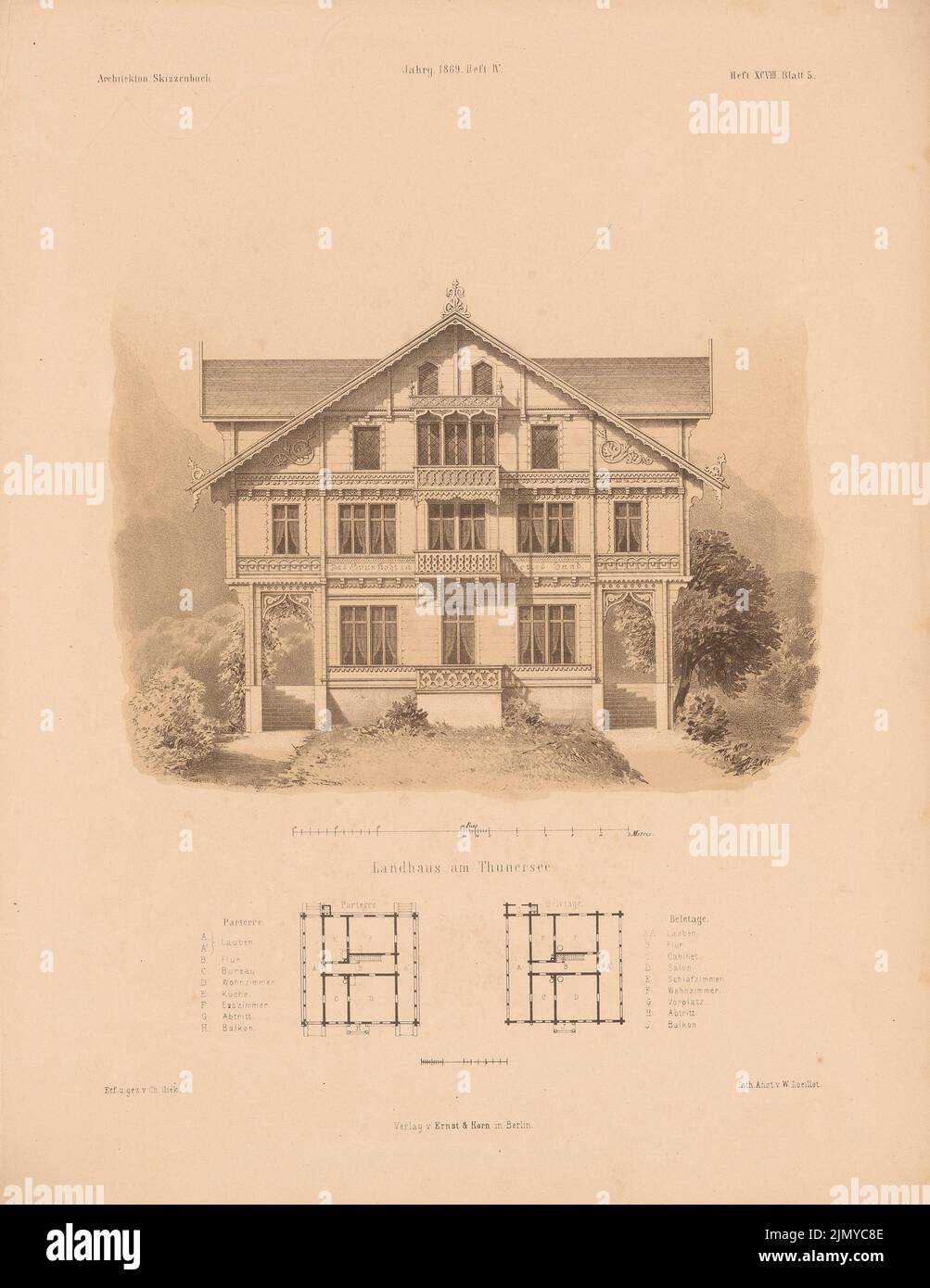 N.N., Landhaus am Thuner See. (De: Carnet d'esquisses architectural, H. 98/4, 1869.) (1869-1869): Grundrisse, View (CH. GEAK). Lithographie colorée sur papier, 34,1 x 26,3 cm (y compris les bords de numérisation) Banque D'Images