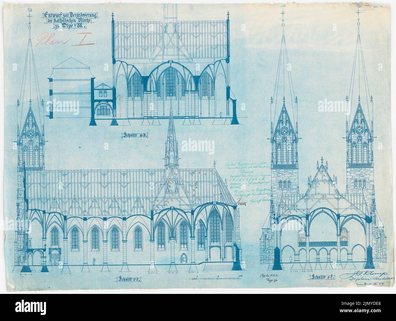 Klomp Johannes Franziskus (1865-1946), Saint-Martinus, Olpe (28 mai 1906) : sections longitudinales et transversales 1 : 100 (phases finales de conception 1 and2). Encre, crayon sur papier, 70,4 x 94,8 cm (y compris les bords de numérisation) Banque D'Images