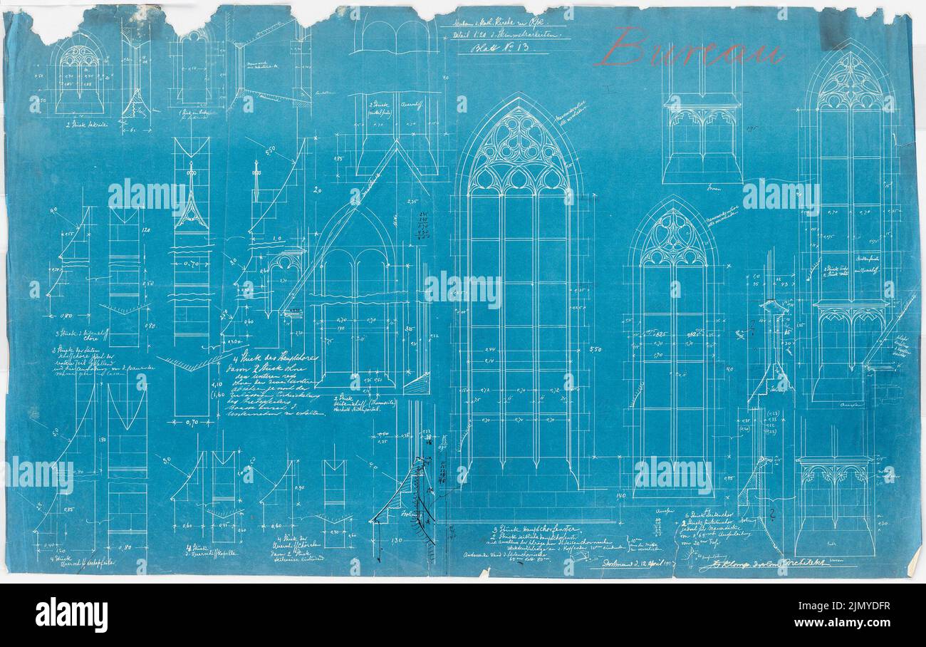 Klomp Johannes Franziskus (1865-1946), Saint-Martinus, Olpe (12 avril 1907): Détails du travail de stonemason sur les fenêtres, les contreforts et les pignons 1:20. Encre sur le papier, 60,9 x 96,8 cm (y compris les bords de numérisation) Banque D'Images