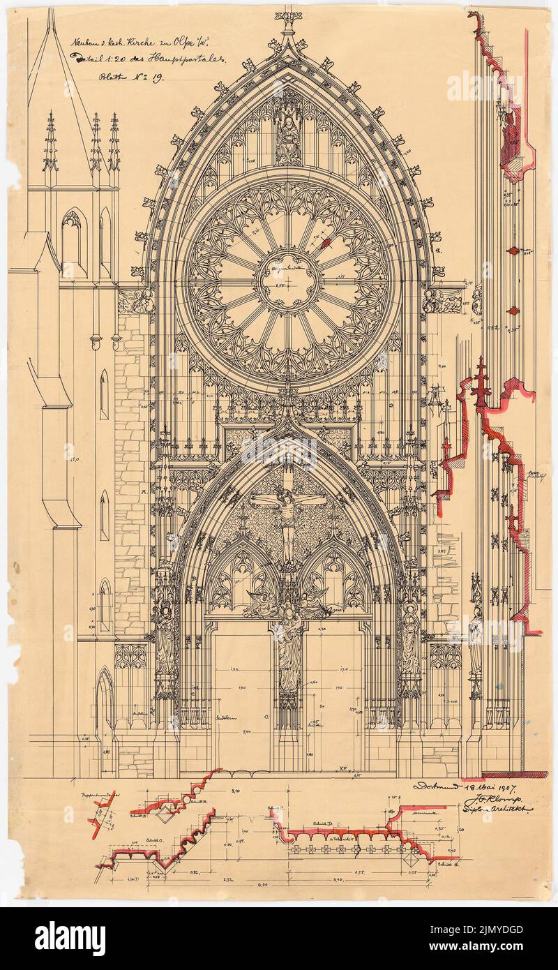 Klomp Johannes Franziskus (1865-1946), Saint-Martinus, Olpe (18 mai 1907): Portail Haupt, supérieur, plan d'étage et moyenne 1:20. Tusche, crayon aquarelle sur transparent, 99,5 x 61,3 cm (y compris les bords du balayage) Banque D'Images