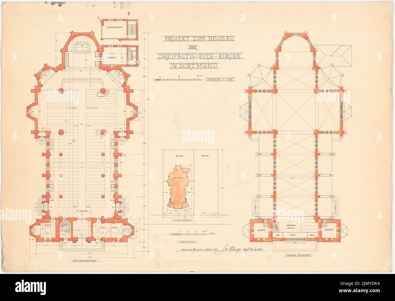 Klomp Johannes Franziskus (1865-1946), Église de la Trinité (avec presbytère), Dortmund (03,1898): Selon le plan 1: 500, rez-de-chaussée et processus voûté 1: 100. Encre, aquarelle crayon sur la boîte, 71,2 x 102,6 cm (y compris les bords de numérisation) Banque D'Images