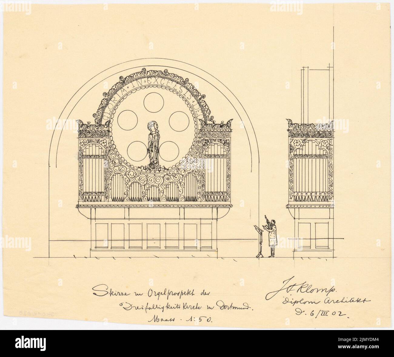 Klomp Johannes Franziskus (1865-1946), Église de la Trinité (avec presbytère), Dortmund (06.03.1902) : croquis sur la brochure de l'orgue 1:50. Encre sur transparent, 32,1 x 38,4 cm (y compris les bords de numérisation) Banque D'Images