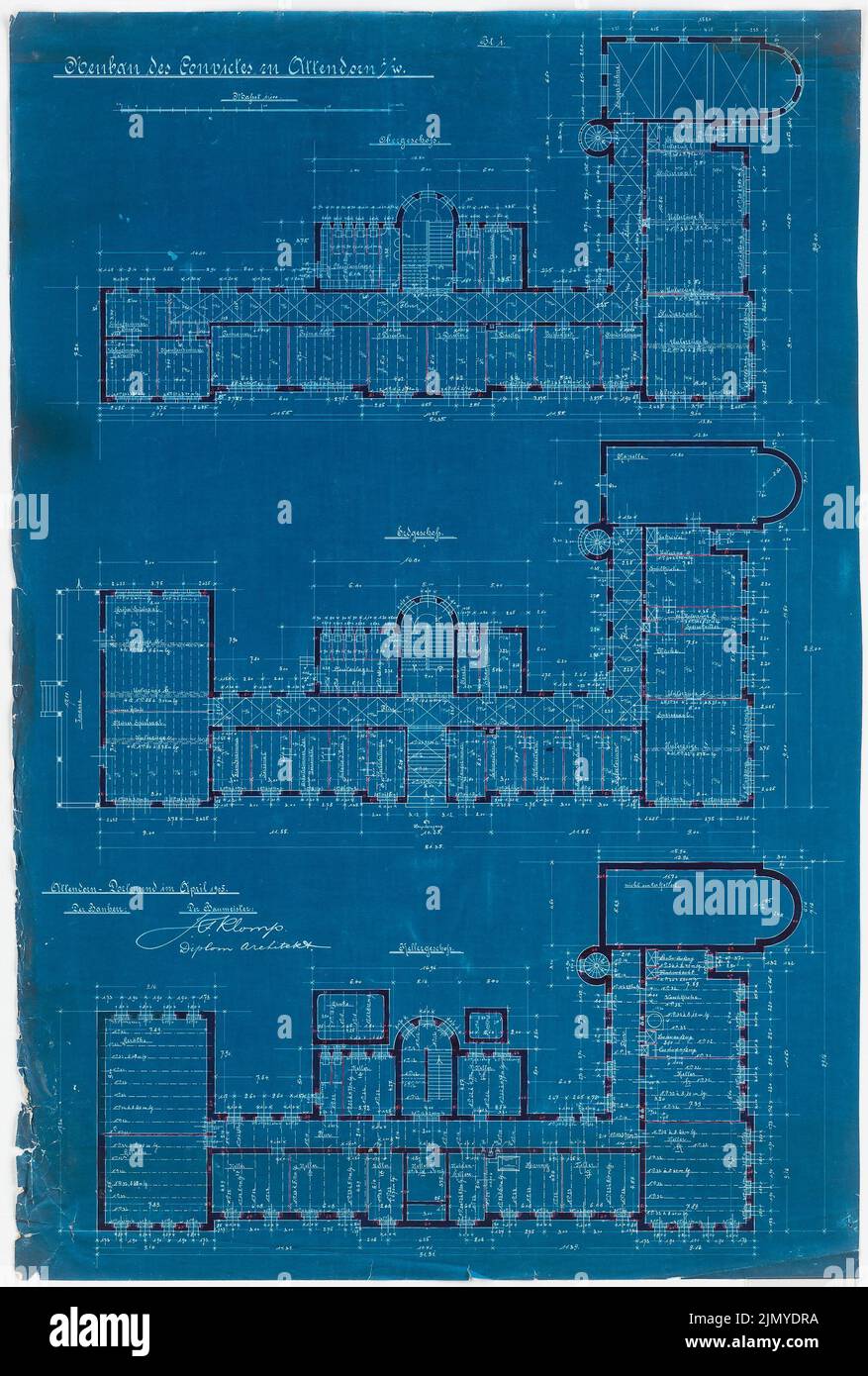 Klomp Johannes Franziskus (1865-1946), Collegium Bernhardinum, Attendorn (04,1905): Grundrisse Ober-, Terre et sous-sol 1: 100. Photocalque aquarelle sur papier, 100,6 x 67,9 cm (y compris les bords de numérisation) Banque D'Images