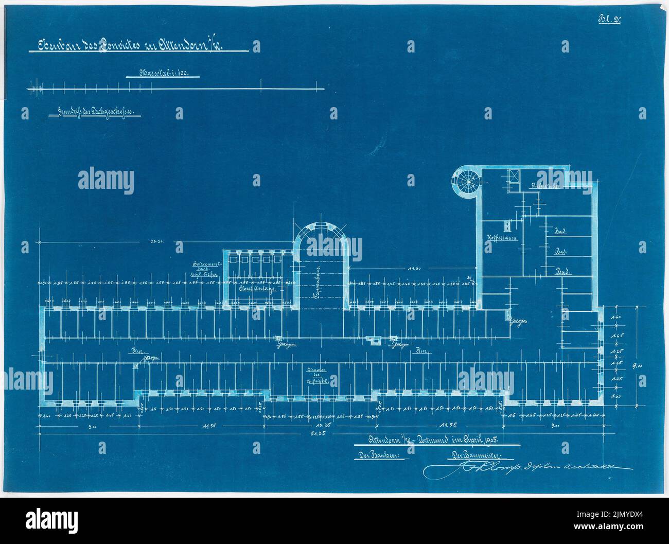 Klomp Johannes Franziskus (1865-1946), Collegium Bernhardinum, Attendorn (04,1905): Plan d'étage du grenier 1: 100. Photocalque sur papier, 45,2 x 60,7 cm (y compris les bords de numérisation) Banque D'Images