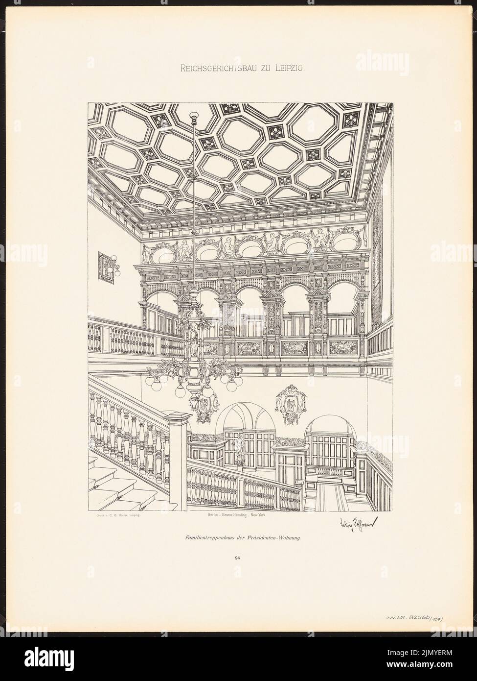 Hoffmann Ludwig (1852-1932), Reichsgericht à Leipzig (1898): Escalier familial de l'appartement présidentiel (dessin de perspective) (de: L.H., le Reichsgerichtsbau zu Leipzig, Berlin 1898, planche 94). Pression sur le papier, 61,3 x 46 cm (y compris les bords de numérisation) Banque D'Images