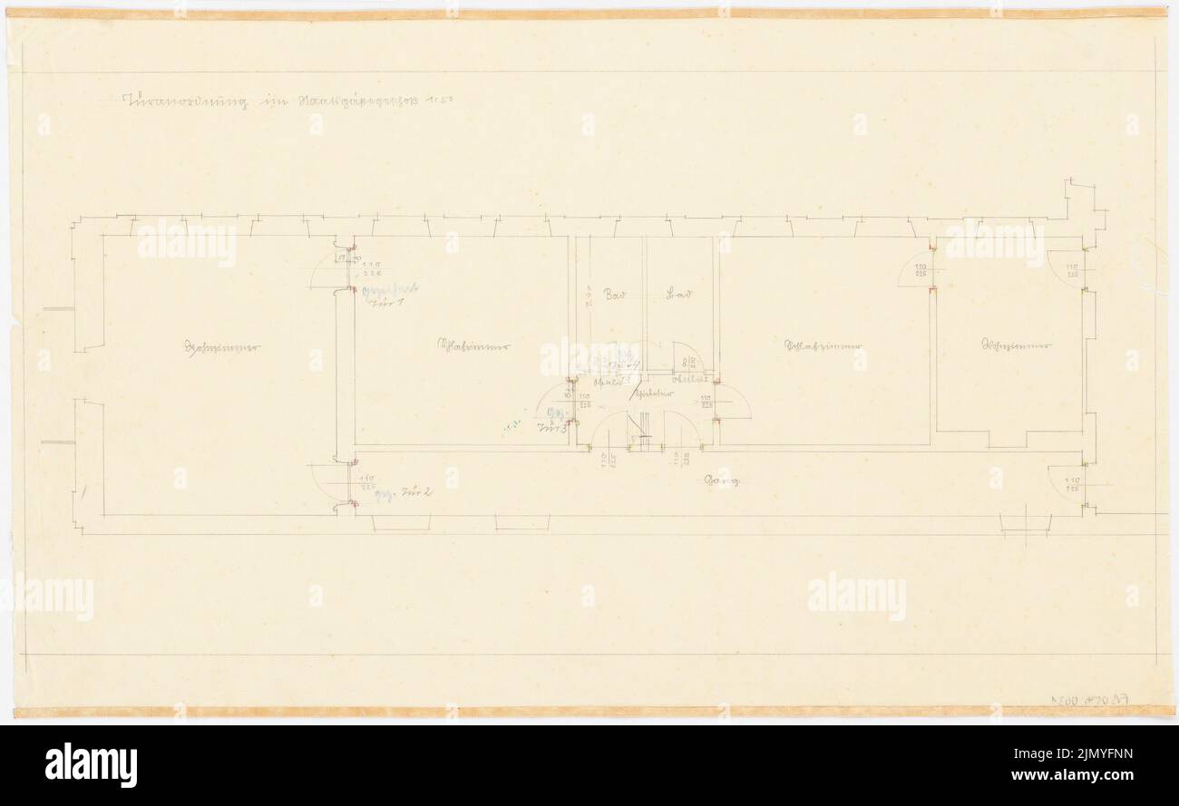 Böhmer Franz (1907-1943), appartement officiel du ministre des Affaires étrangères du Reich Joachim von Ribbentrop à Berlin-Mitte (1941-1941): Règlement des portes dans l'étage invité de l'État: Plan d'étage 1:50. Crayon, crayon de couleur sur transparent, 39,1 x 63,6 cm (y compris les bords de numérisation) Banque D'Images