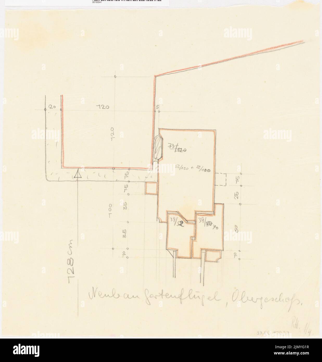 Böhmer Franz (1907-1943), appartement officiel du ministre des Affaires étrangères du Reich Joachim von Ribbentrop à Berlin-Mitte (01,04.): Nouvelle aile de jardin, étage supérieur: Croquis détaillé. Crayon, crayon de couleur sur transparent, 43,1 x 41 cm (y compris les bords de numérisation) Banque D'Images