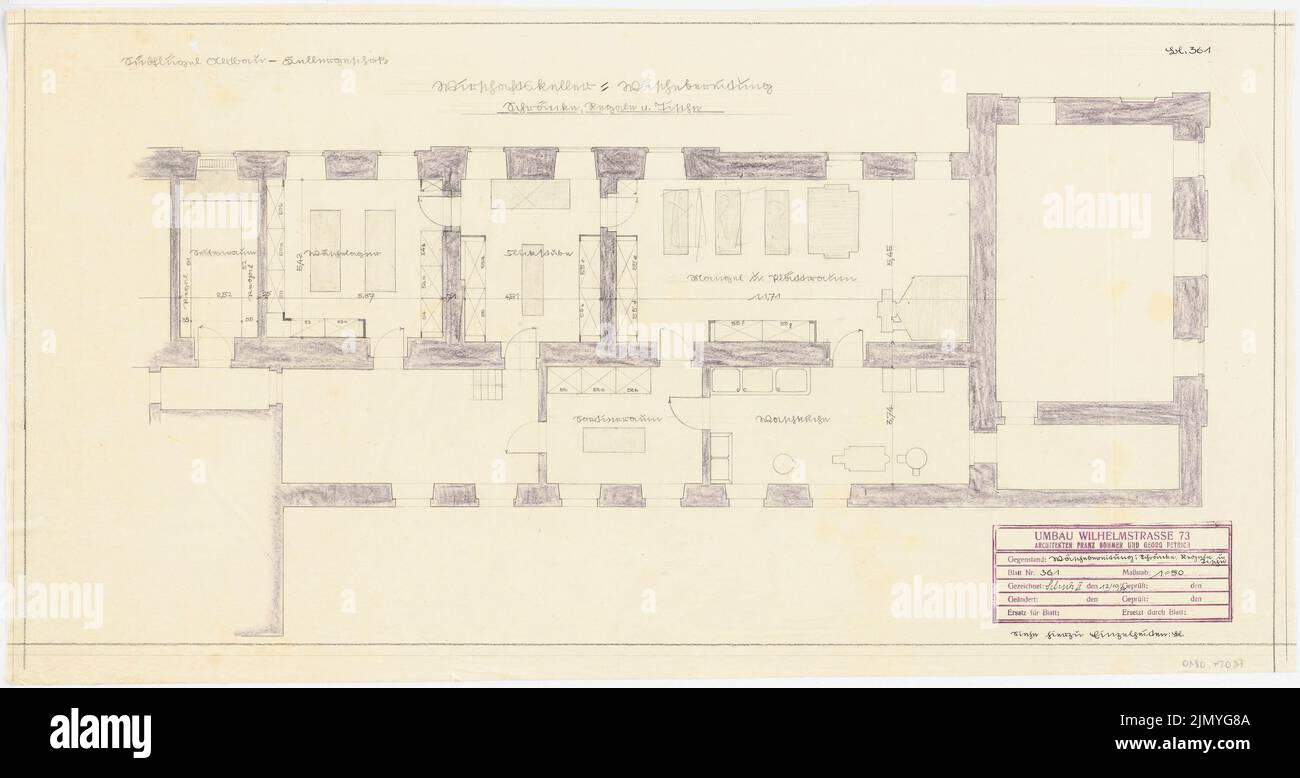 Böhmer Franz (1907-1943), appartement officiel du ministre des Affaires étrangères du Reich Joachim von Ribbentrop à Berlin-Mitte (12.10.1939): Südflügel Altbau, sous-sol: Pré-construction de l'aile nord, rez-de-chaussée: Plan d'étage 1:50. Crayon, crayon de couleur sur transparent, 45,4 x 85,7 cm (y compris les bords de numérisation) Banque D'Images