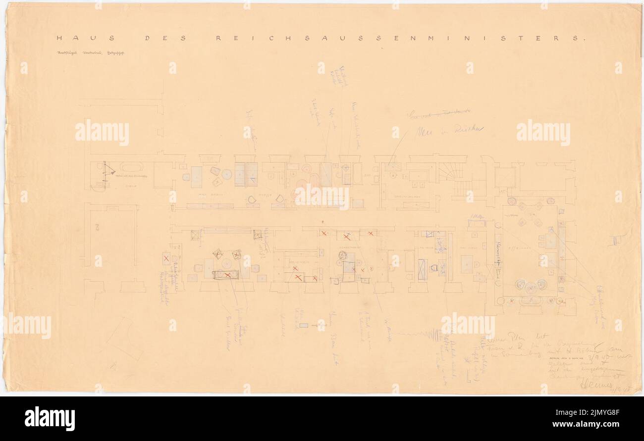 Böhmer Franz (1907-1943), appartement officiel du ministre des Affaires étrangères du Reich Joachim von Ribbentrop à Berlin-Mitte (04.09.1940): Prévision de l'aile nord, rez-de-chaussée: Plan d'étage avec plan de mobilier. Crayon, crayon de couleur sur une cassure de papier, 67,1 x 108,9 cm (y compris les bords de numérisation) Banque D'Images