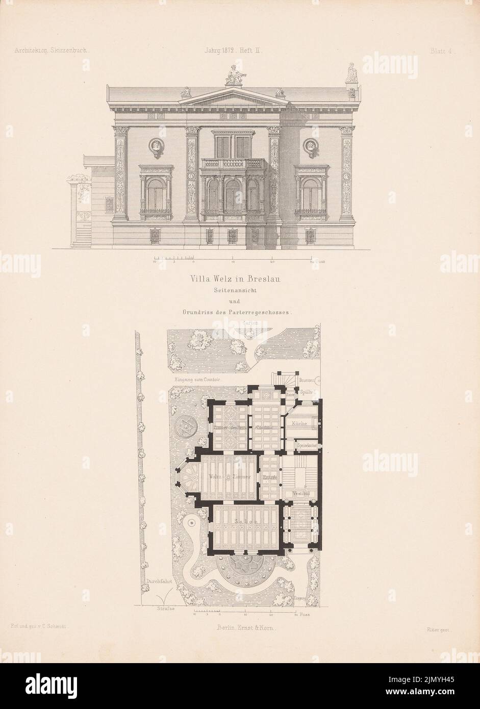 Schmidt C. Wilhelm, Villa Welz, Wroclaw. (De: Carnet d'esquisses architectural, H. 1133/2, 1872.) (1872-1872): plan d'étage avec jardin, vue latérale. Couture sur papier, 34,8 x 25,2 cm (y compris les bords de numérisation) Banque D'Images