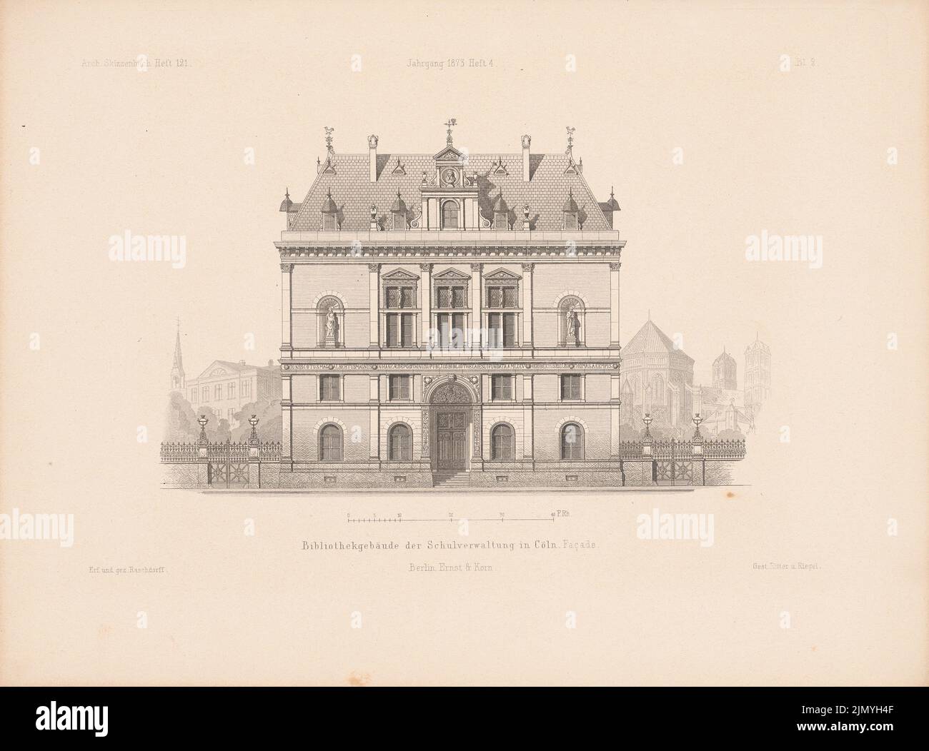 Raschdorff Julius (1823-1914), bibliothèque de l'administration scolaire, Cologne. (De : carnet d'esquisses architectural, H. 121/4, 1873.) (1873-1873) : vue. Couture sur papier, 25,4 x 34,3 cm (y compris les bords de numérisation) Banque D'Images