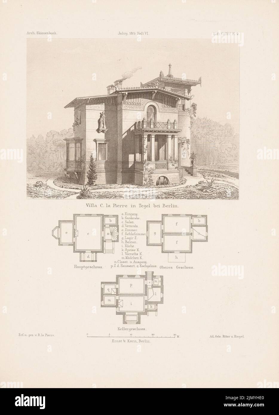 La Pierre Richard (1842-1893), Villa C. la Pierre, Berlin-Tegel. (De: Carnet d'esquisses architectural, H. 135/6, 1875.) (1875-1875): Grundrisse, point de vue. Couture sur papier, 34,5 x 24,8 cm (y compris les bords de numérisation) Banque D'Images