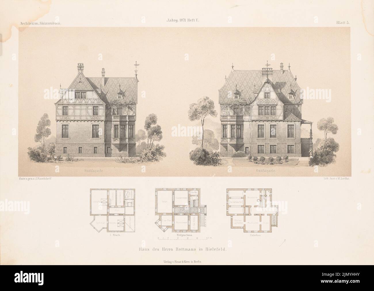 Raschdorff Julius (1823-1914), Chambre de M. Rottmann, Bielefeld. (De: Carnet d'esquisses architectural, H. 110/5, 1871.) (1871-1871): Grundrisse, vue du sud, vue de l'est. Lithographie colorée sur papier, 24,1 x 34 cm (y compris les bords de numérisation) Banque D'Images