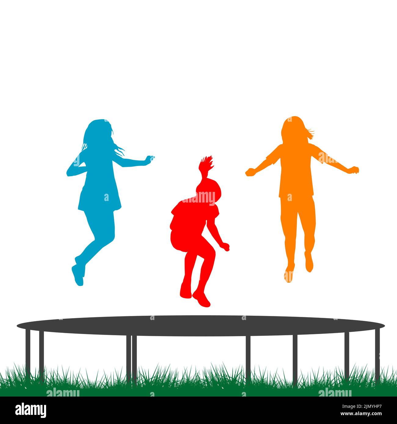 Silhouettes pour enfants sautant sur le trampoline de jardin isolé sur blanc Illustration de Vecteur