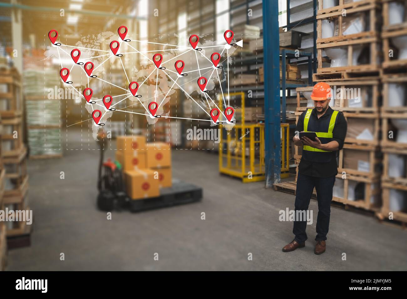 Technologie d'affaires logistique globale livraison de fret transport connexion d'entrepôt exportation service expédition ordre d'homme d'affaires Banque D'Images