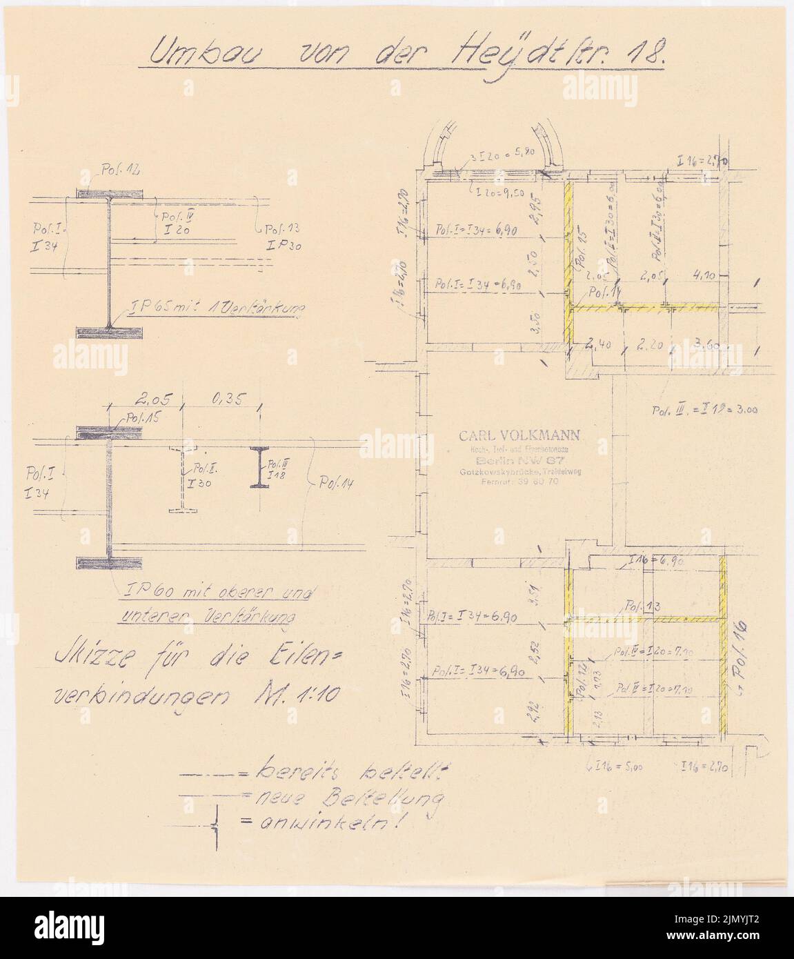 Böhmer Franz (1907-1943), Villa von der Heydt à Berlin-Tiergarten. Conversion (1938-1938) : esquisse pour les connexions de fer 1:10. Crayon de couleur sur une cassure du papier, 40,6 x 35,9 cm (y compris les bords de numérisation) Banque D'Images