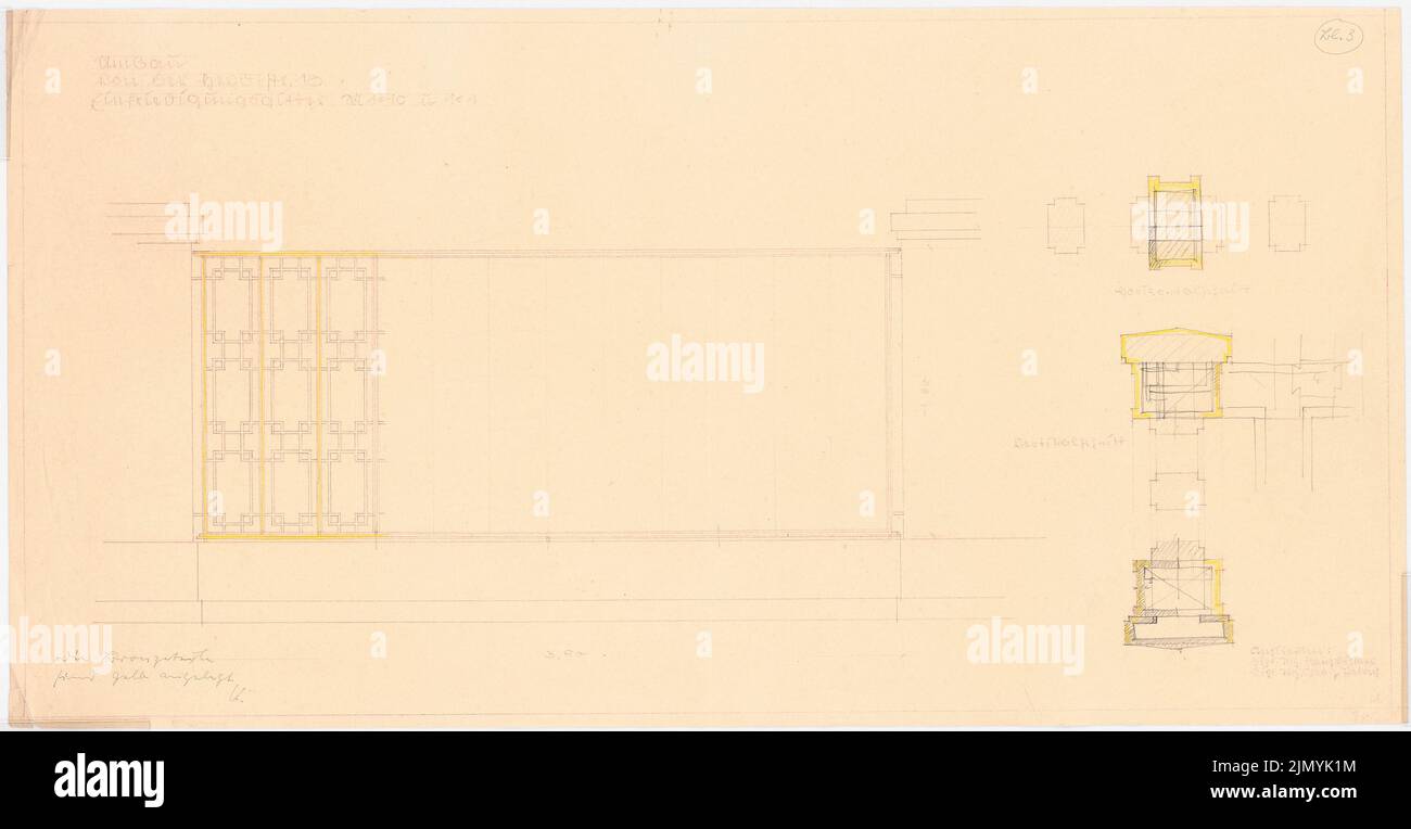 Böhmer Franz (1907-1943), Villa von der Heydt à Berlin-Tiergarten. Conversion (1938-1938): Porte d'entrée: Vue 1:10, coupes 1: 1. Crayon, crayon de couleur sur papier, 40,1 x 77,3 cm (y compris les bords de numérisation) Banque D'Images