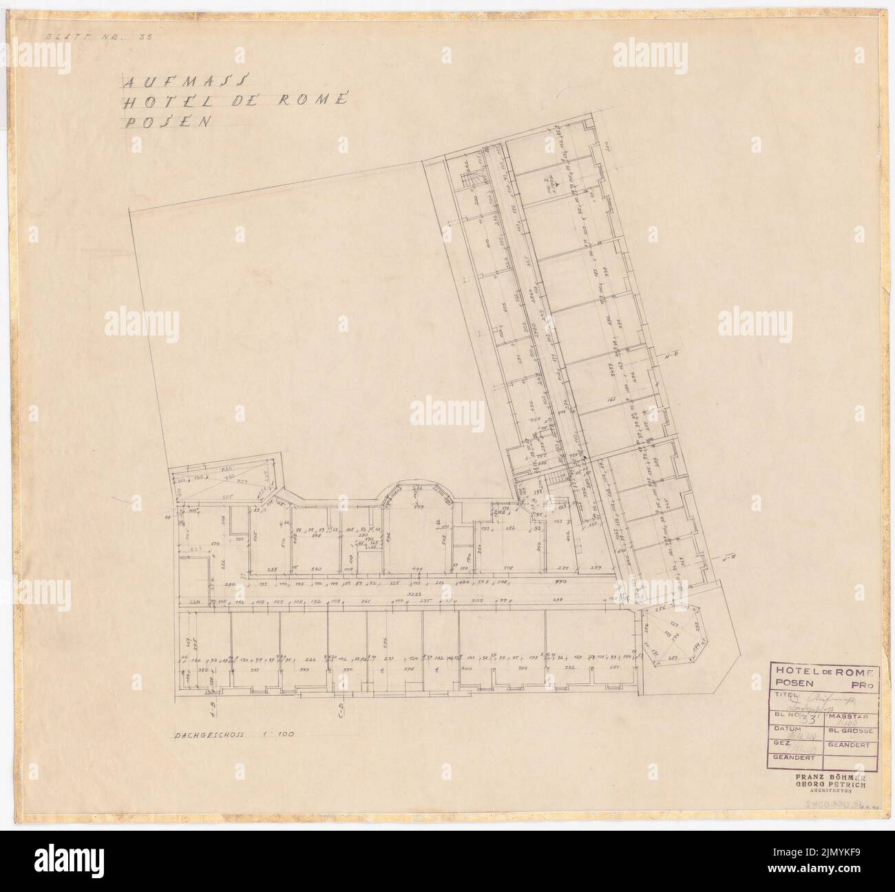 Böhmer Franz (1907-1943), Hôtel Park à Poznan (1 avril 1940): Plan d'étage dernier étage 1: 100. Crayon sur transparent, 59,7 x 64,4 cm (y compris les bords de numérisation) Banque D'Images