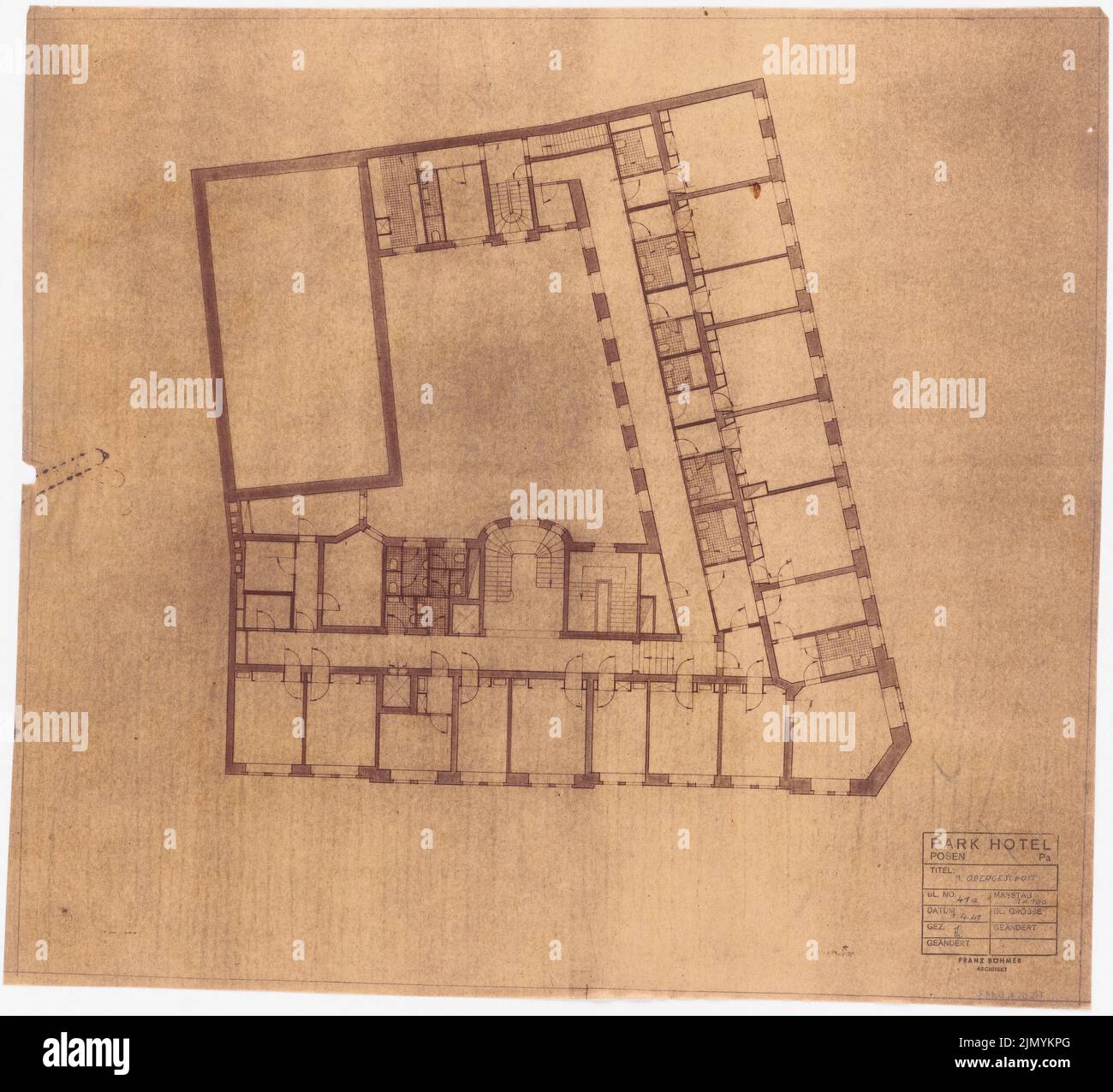 Böhmer Franz (1907-1943), Hôtel Park à Pozen (1 avril 1940): Grundriss 1st étage 1: 100. Coupure lumineuse sur transparent, 59,2 x 64,9 cm (y compris les bords de numérisation) Banque D'Images