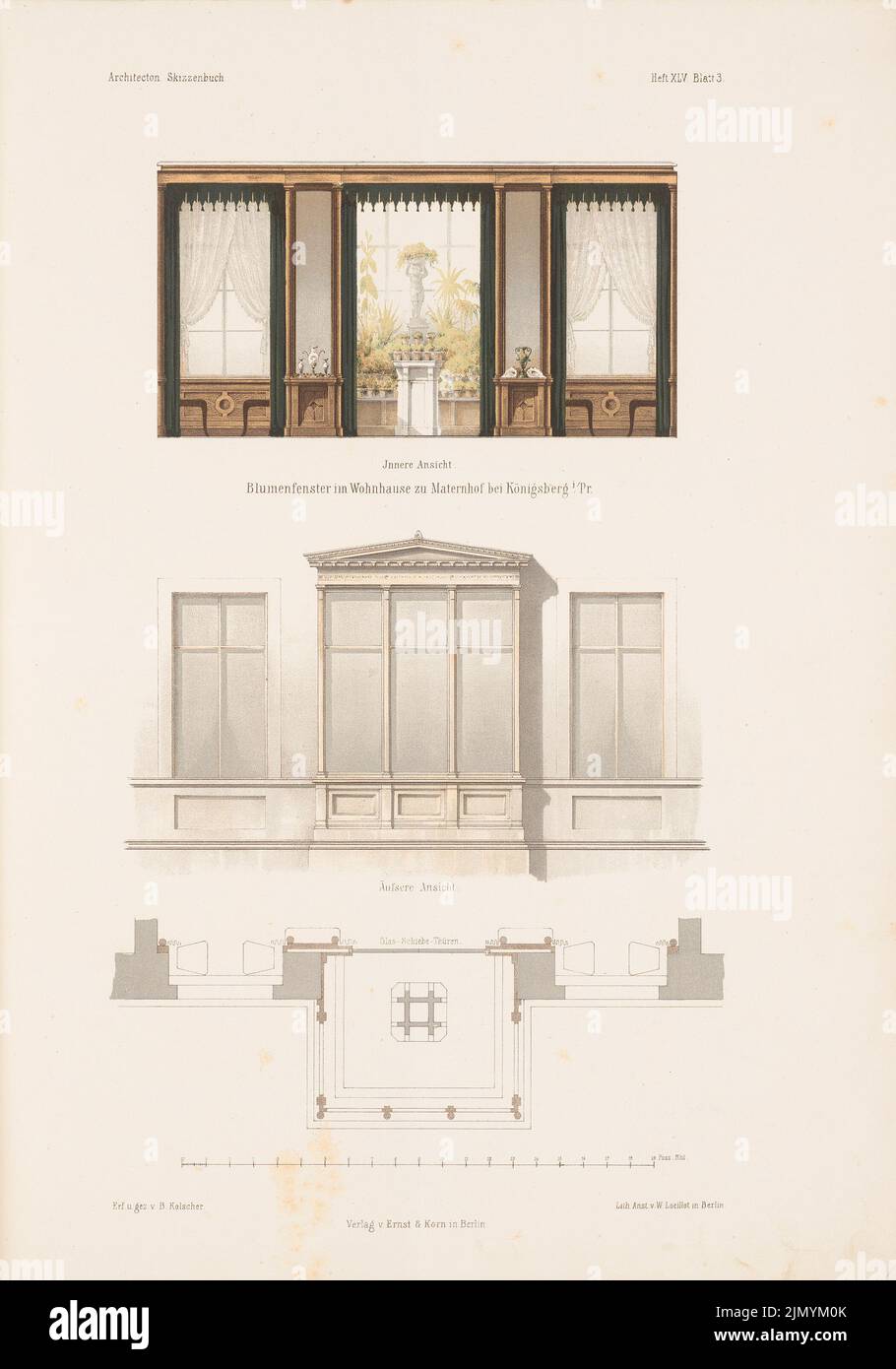 Kolscher Bernhard (1834-1868), fenêtre fleurie d'une maison, Maternhof. (De: Carnet d'esquisses architectural, H. 45/2, 1860.) (1860-1860): plan d'étage, vue, vue intérieure. Lithographie colorée sur papier, 35,1 x 24,5 cm (y compris les bords de numérisation) Banque D'Images