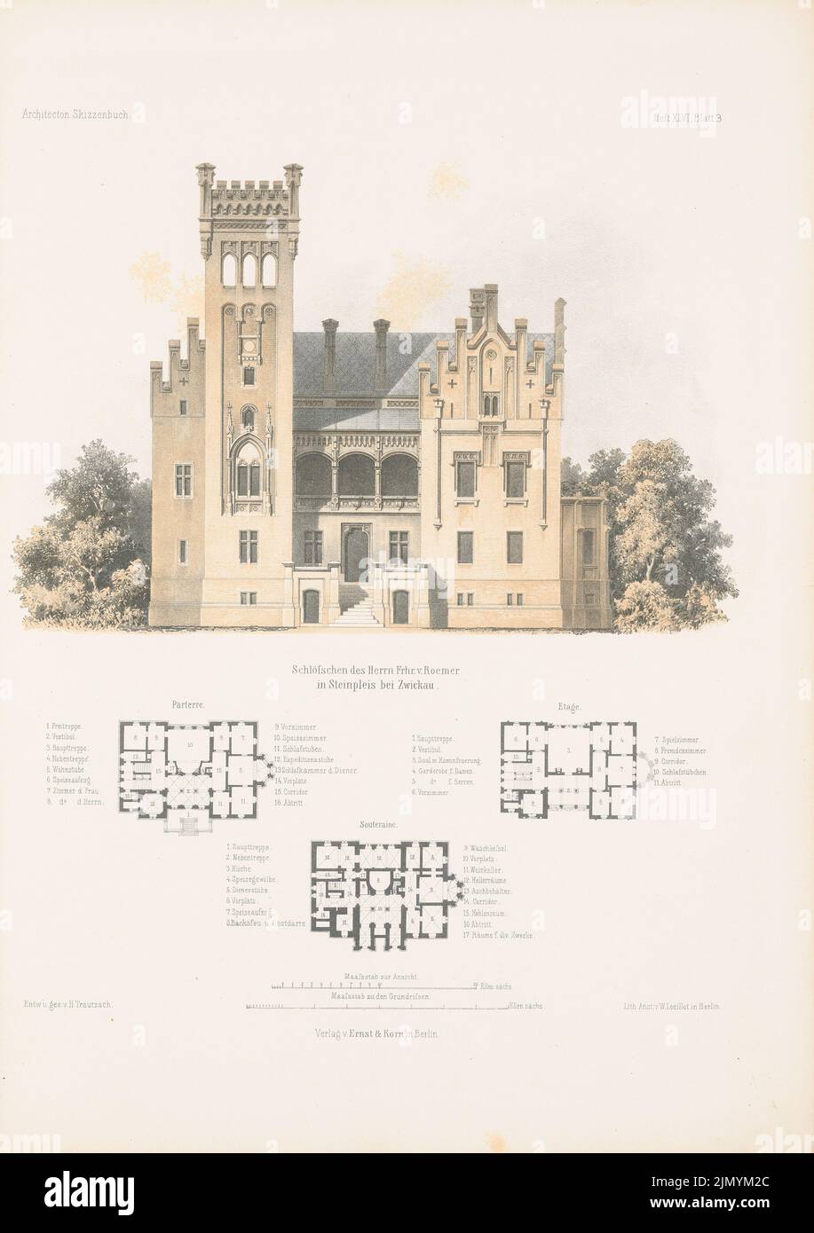 Trautzsch H., Château du Freiherr von Römer, Steinpleis. (De: Carnet d'esquisses architectural, H. 46/3, 1860.) (1860-1860): Grundrisse, voir. Lithographie colorée sur papier, 34,8 x 24,6 cm (y compris les bords de numérisation) Banque D'Images