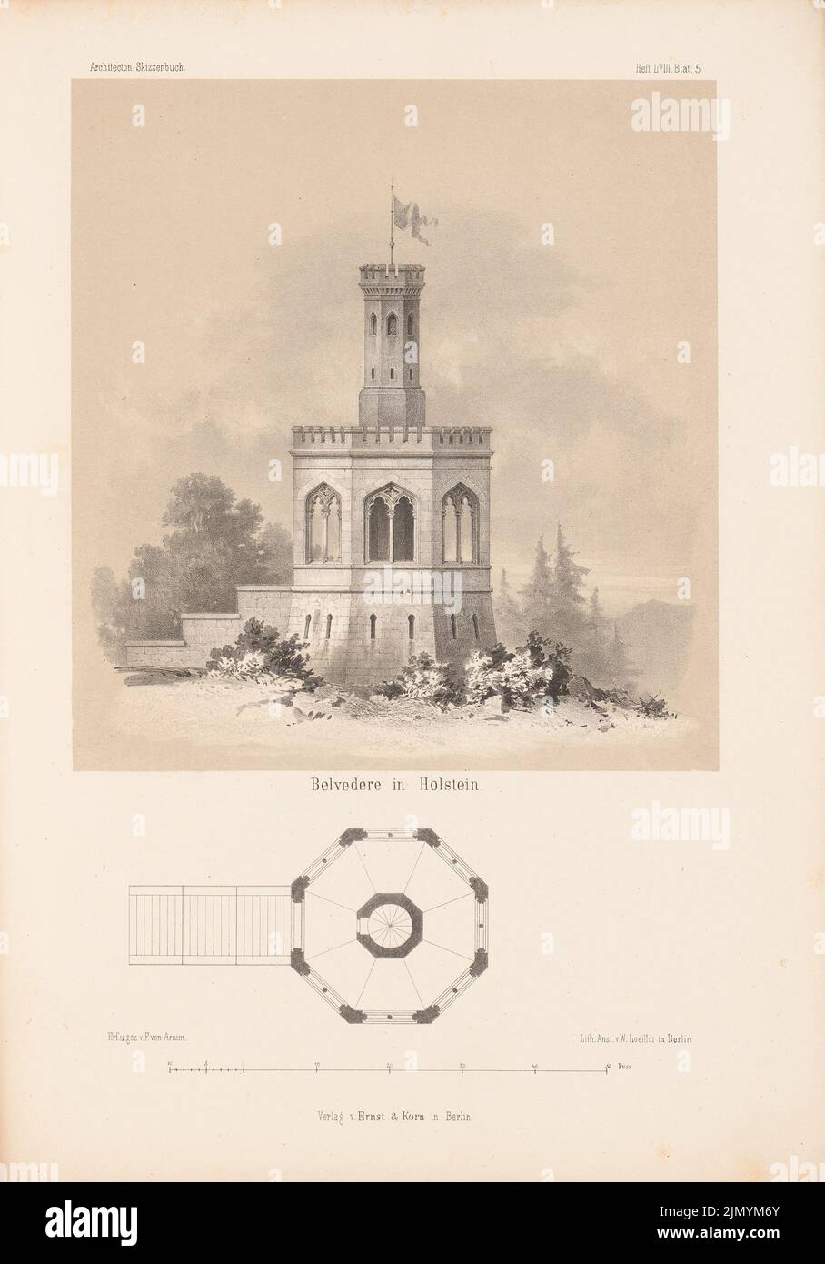 Arnim Ferdinand von (1814-1866), Belvédère, Holstein. (De: Carnet d'esquisses architectural, H. 58/5, 1862.) (1862-1862): plan d'étage, vue. Lithographie colorée sur papier, 35 x 24,5 cm (y compris les bords de numérisation) Banque D'Images