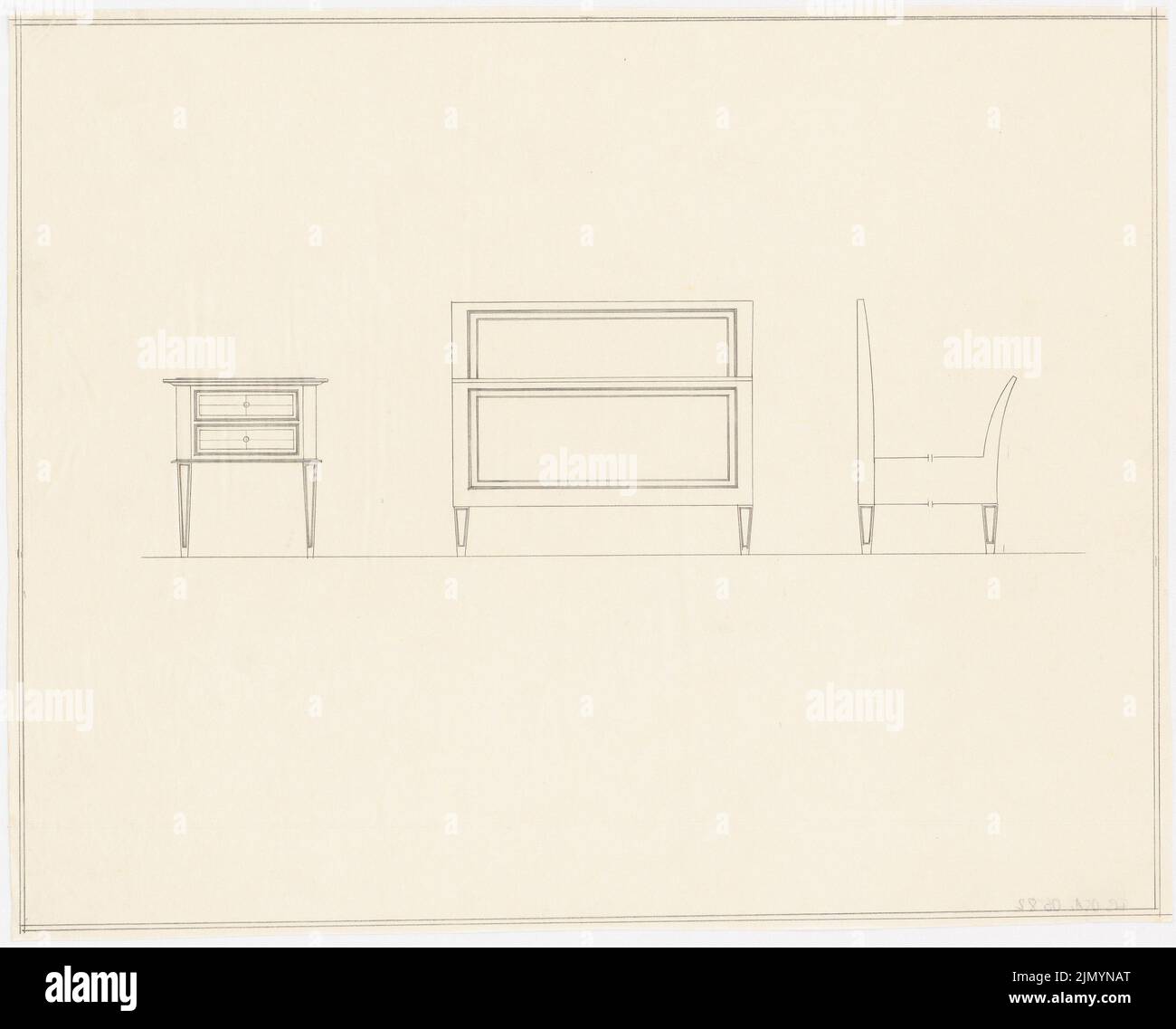Böhmer Franz (1907-1943), Park Hotel à Poznan (1940-1940): Table de chevet et lit. Crayon sur transparent, 37 x 45,9 cm (y compris les bords de numérisation) Banque D'Images