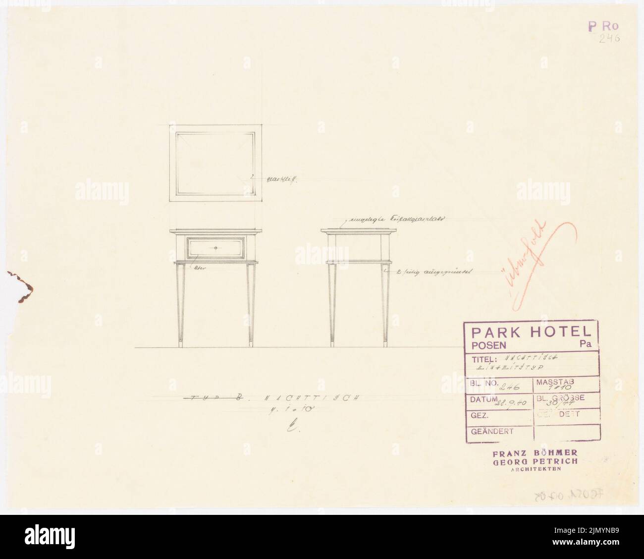 Böhmer Franz (1907-1943), Park Hotel à Poznan (28.09.1940): Unité de table de chevet type 1:10. Crayon sur transparent, 30,5 x 38,1 cm (y compris les bords de numérisation) Banque D'Images