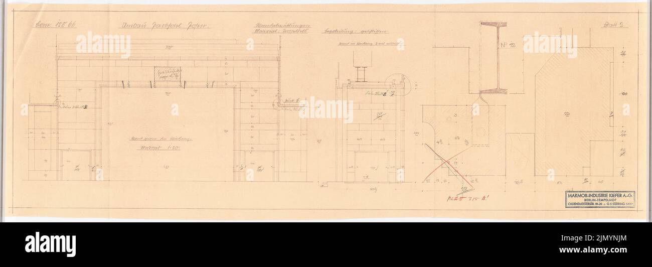 Böhmer Franz (1907-1943), Park Hotel à Poznan (1940-1940): Revêtement mural dans le pare-brise: Vues, coupe 1:20. Crayon, crayon de couleur sur une cassure de papier, 38,2 x 112 cm (y compris les bords de numérisation) Banque D'Images