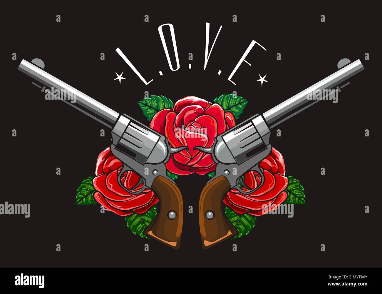 Deux pistolets Revolver croisés avec trois fleurs de rose et l'intitulé Love dessiné dans le style Tattoo isolé sur l'illustration vectorielle noire Illustration de Vecteur