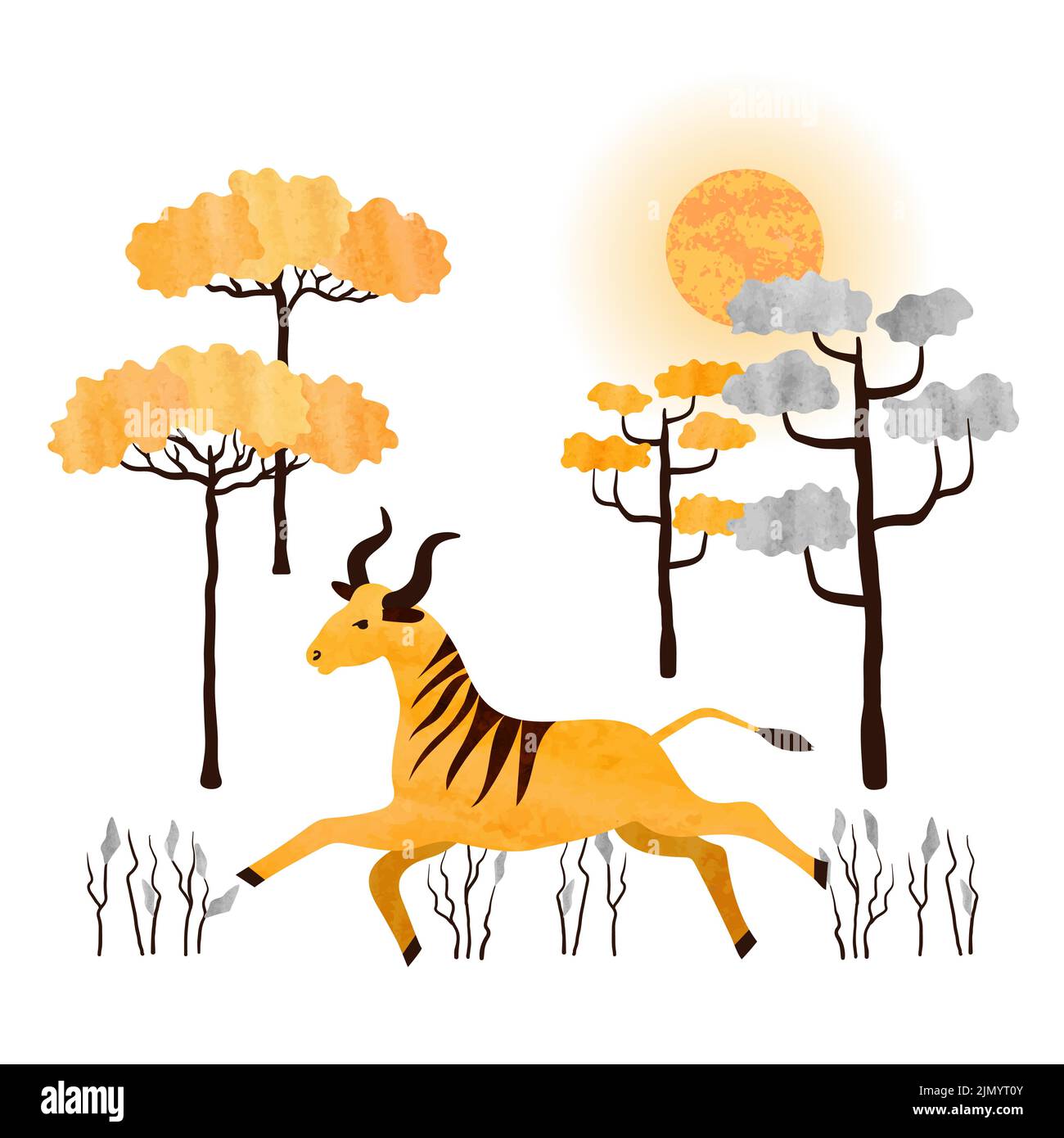 Antilope et arbres de la série de dessins animés. Animal africain. Illustration de savane aquarelle vectorielle. Illustration de Vecteur