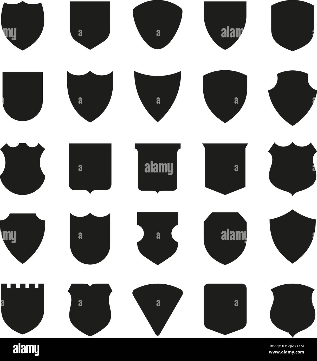 Silhouettes de bouclier noires. Shields récompense la silhouette, le logo chevaliers emblème. Patch de protection, symboles de sécurité militaire ou d'assurance. Armée de police ou Illustration de Vecteur