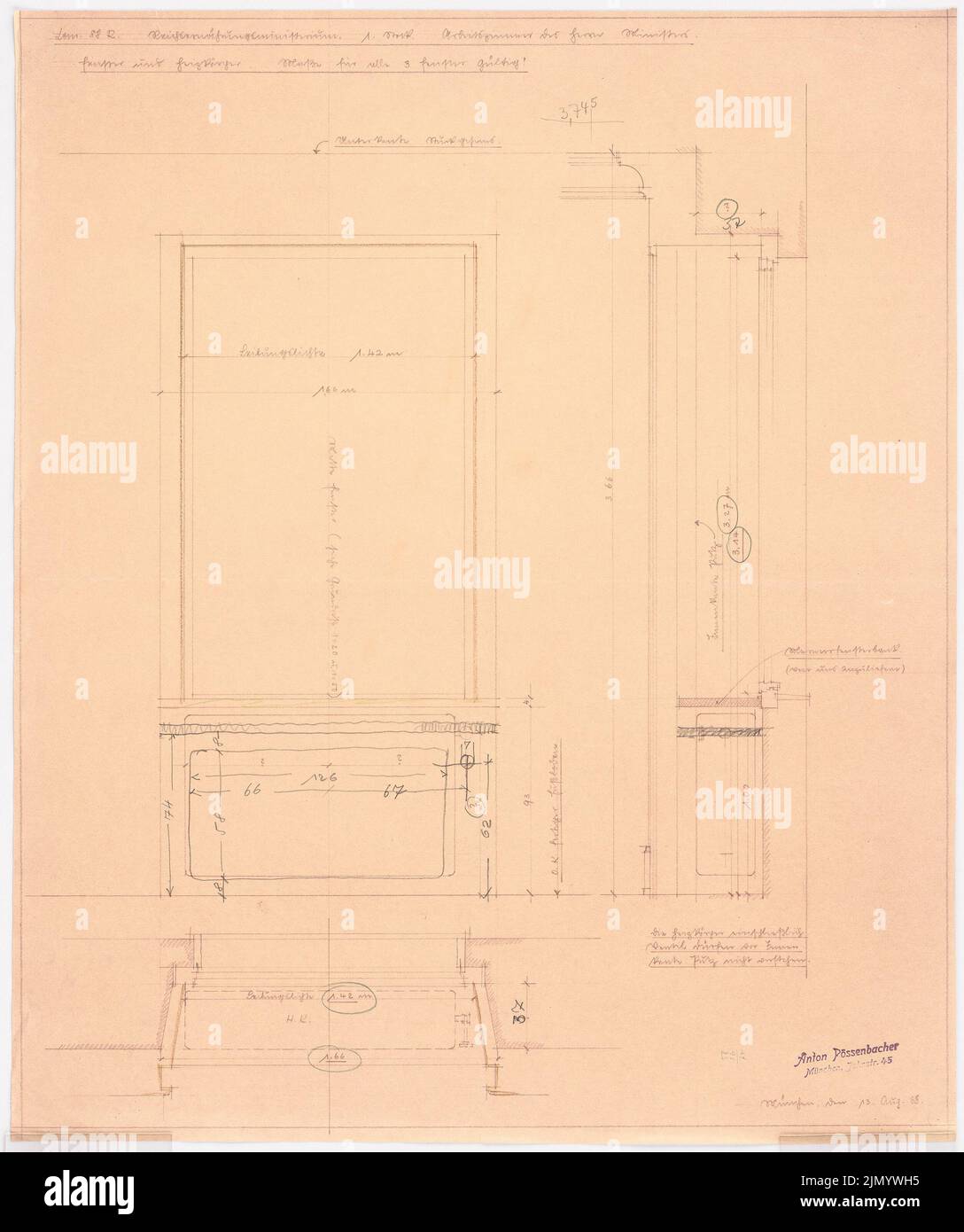 Böhmer Franz (1907-1943), Reich Ministère de la nutrition et de l'agriculture à Berlin-Mitte (1938-1938): Fenêtre et radiateur. Crayon sur le papier, 56,5 x 47,3 cm (y compris les bords de numérisation) Banque D'Images