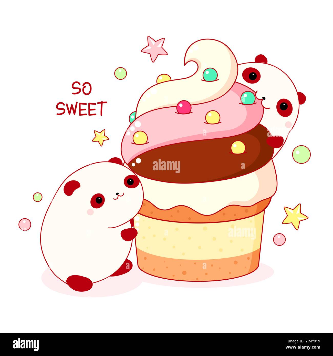 Animaux mignons dans le style kawaii. Deux pandas gras amusants avec cupcake. Inscription si douce. Peut être utilisé pour l'impression de t-shirt, les autocollants, le motif de carte de vœux. Illustration de Vecteur