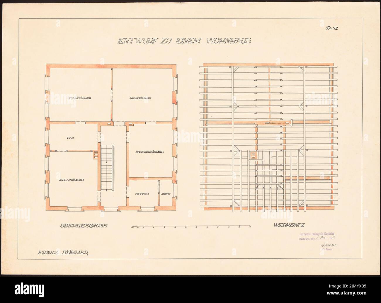 Böhmer Franz (1907-1943), immeuble résidentiel (1925-1925): Plan d'étage OG et Balkenlage. Tuche aquarelle sur la boîte, 51,6 x 71,1 cm (y compris les bords de numérisation) Banque D'Images