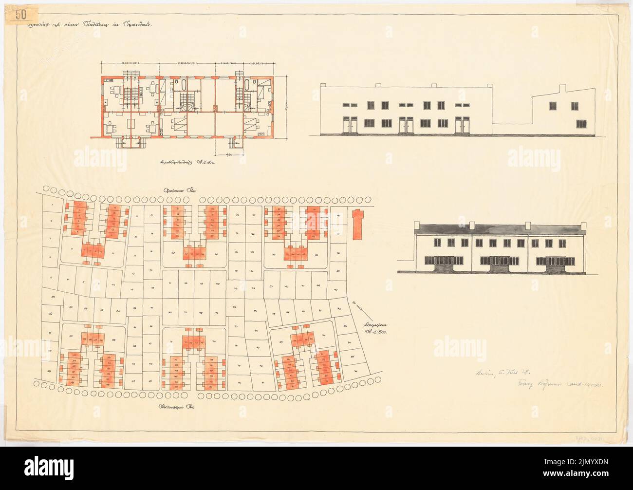 Böhmer Franz (1907-1943), colonie de Berlin-Spandau (05.07.1928): Département 1: 500, plan de plancher, constatations 1: 100. Tuche aquarelle sur transparent, 71,2 x 101 cm (y compris les bords du balayage) Banque D'Images