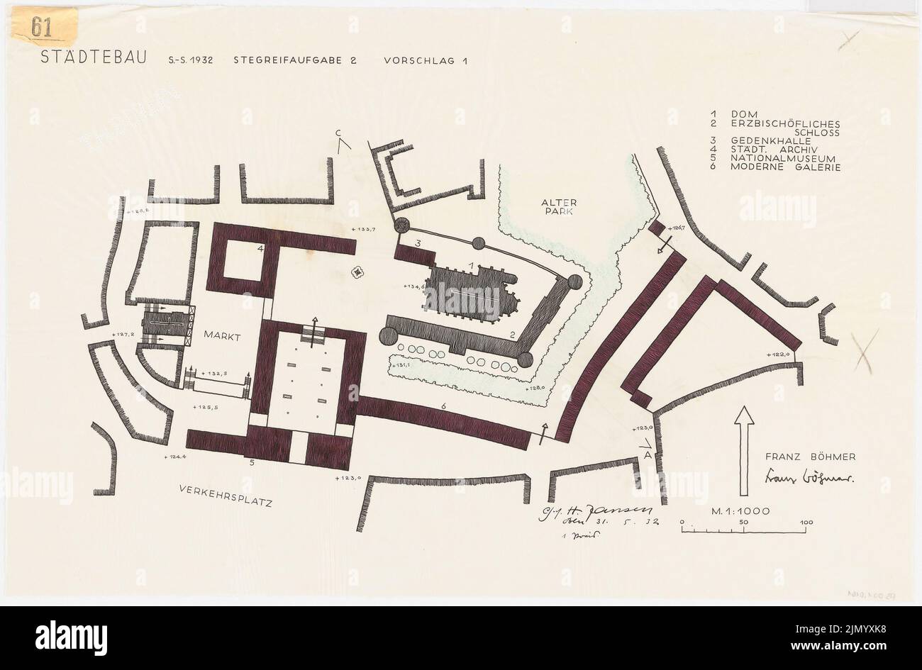 Böhmer Franz (1907-1943), aménagement urbain, bip du semestre d'été 1932 de l'aménagement 2 (31 mai 1932): Selon le plan 1: 1000. Tusche, crayon de couleur aquarelle sur transparent, 48,6 x 73,8 cm (y compris les bords de numérisation) Banque D'Images