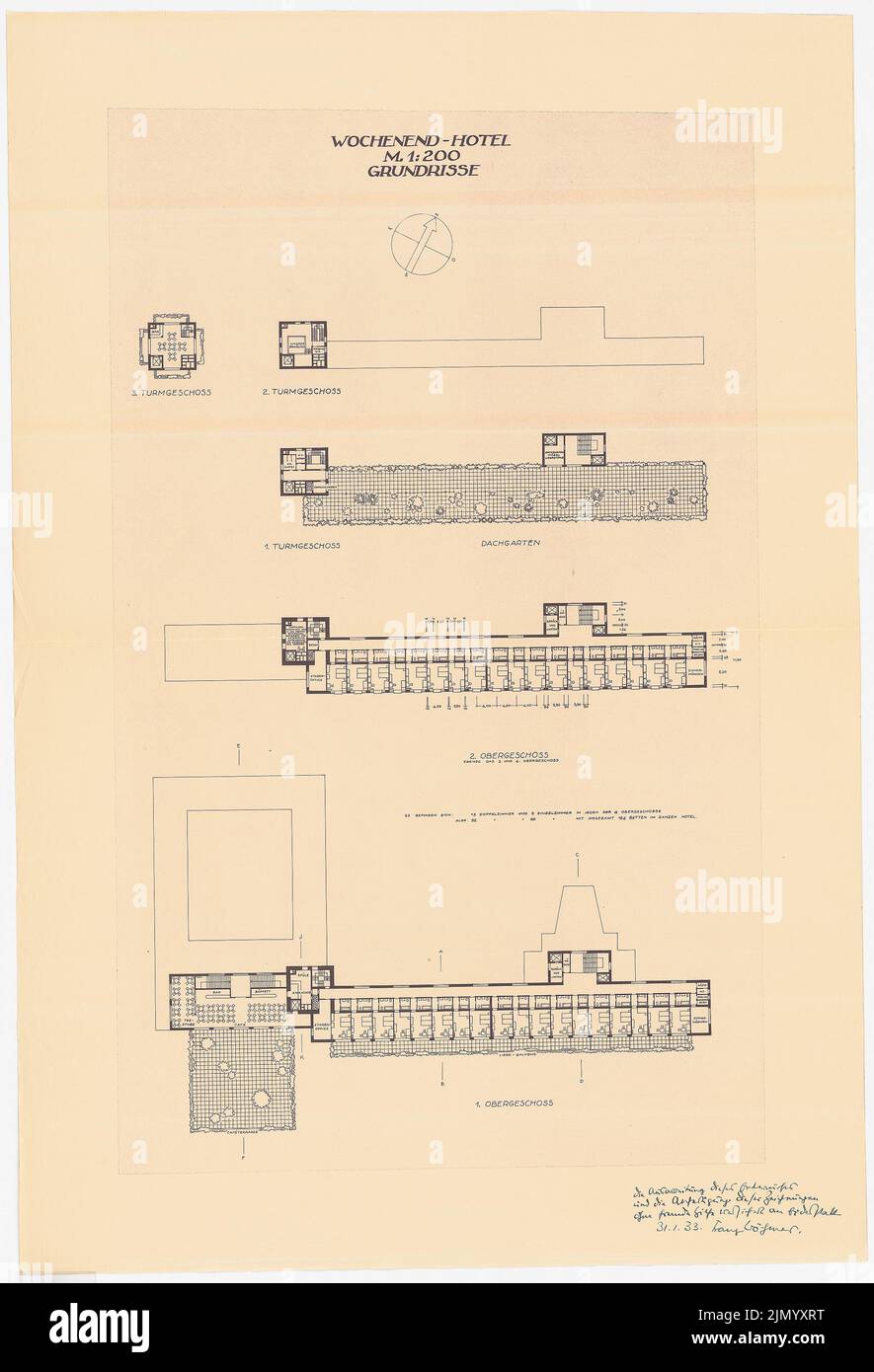 Böhmer Franz (1907-1943), hôtel week-end et lido: Hôtel week-end: Plan d'étage 1st et 2nd étages, jardin sur le toit, 1.-3. Étage supérieur 1: 200. Cassure légère sur le papier, 129,3 x 88,1 cm (bord de numérisation inclus). Banque D'Images