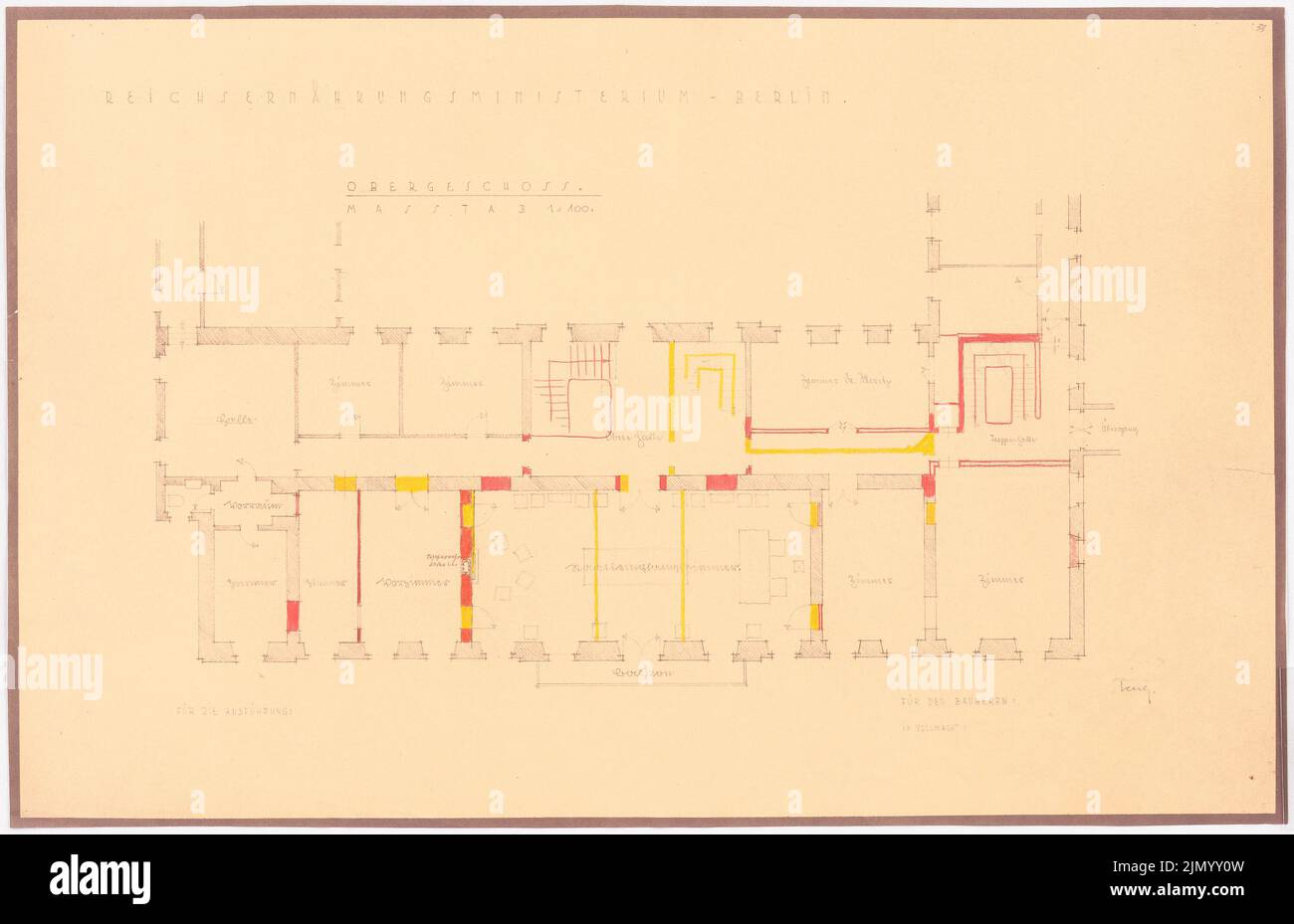 Böhmer Franz (1907-1943), Reich Ministère de l'alimentation et de l'agriculture à Berlin-Mitte (1938-1938): Conversion: Plan d'étage OG 1: 100. Crayon de couleur sur une cassure du papier, 40,9 x 63,3 cm (y compris les bords de numérisation) Banque D'Images