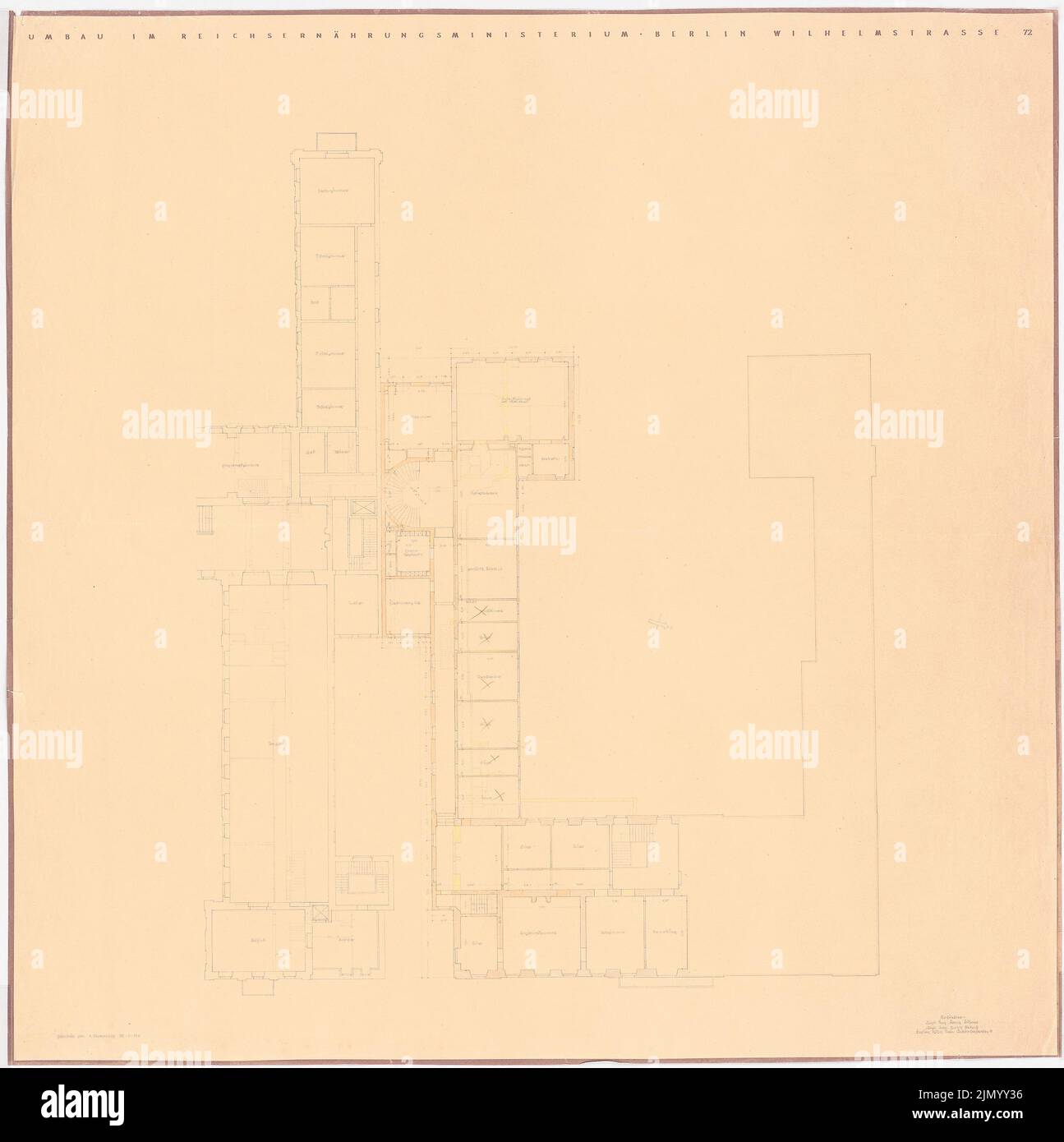 Böhmer & Petrich, ministère de l'alimentation et de l'Agriculture de Reich, Berlin-Mitte. Conversion et expansion: Conversion: Plan d'étage 2nd no 1 : 100. Crayon de couleur sur une cassure d'aquarelle claire sur le papier, 108,3 x 108 cm (bord de numérisation inclus). Banque D'Images