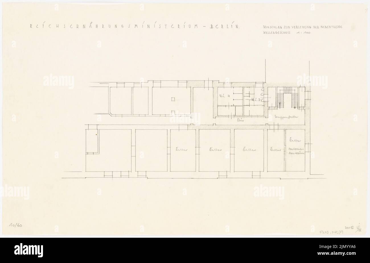 Böhmer Franz (1907-1943), Reich Ministère de la nutrition et de l'agriculture à Berlin-Mitte (1938-1938): Proposition de relocaliser le plan d'étage du co-escalier 1: 100. Crayon, charbon sur transparent, 40,5 x 62,9 cm (y compris les bords de numérisation) Banque D'Images