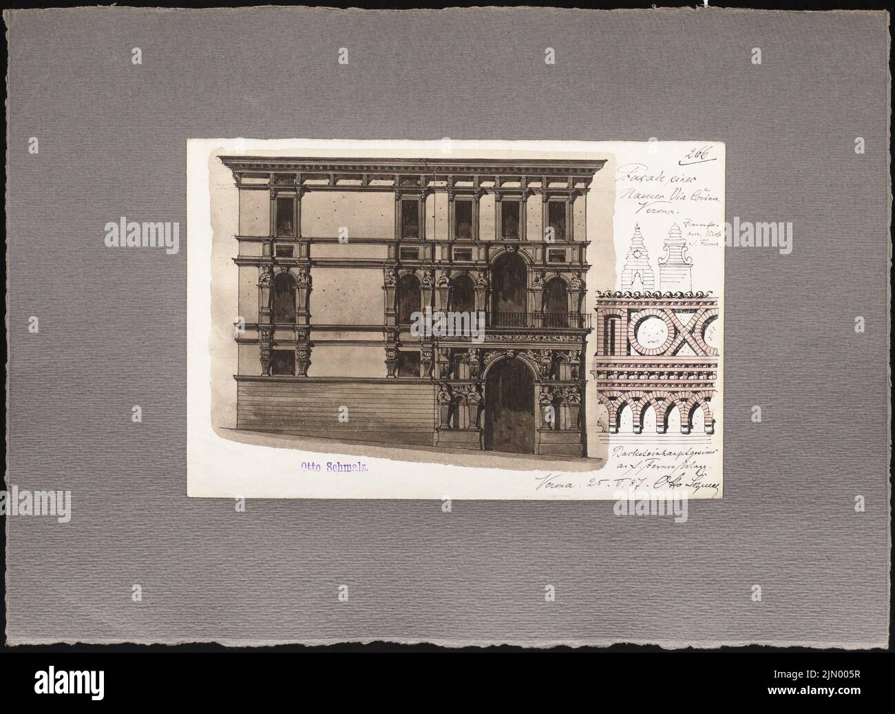 Schmalz Otto (1861-1915), croquis de voyage de l'Italie (25.05.1887): Vérone: Maison dans la via Cosina (Voir détails), S. Fermo (détail cornice). Tuche aquarelle sur papier, 31 x 42,5 cm (y compris les bords de numérisation) Banque D'Images