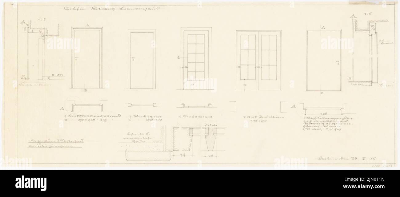 Böhmer Franz (1907-1943), comtesse Rittberg Hospital à Berlin-Lichterfelde (29 mai 1935): Portes, fenêtres: Plans d'étage, vues, détail 1: 5. Crayon sur transparent, 30 x 70,8 cm (y compris les bords de numérisation) Banque D'Images