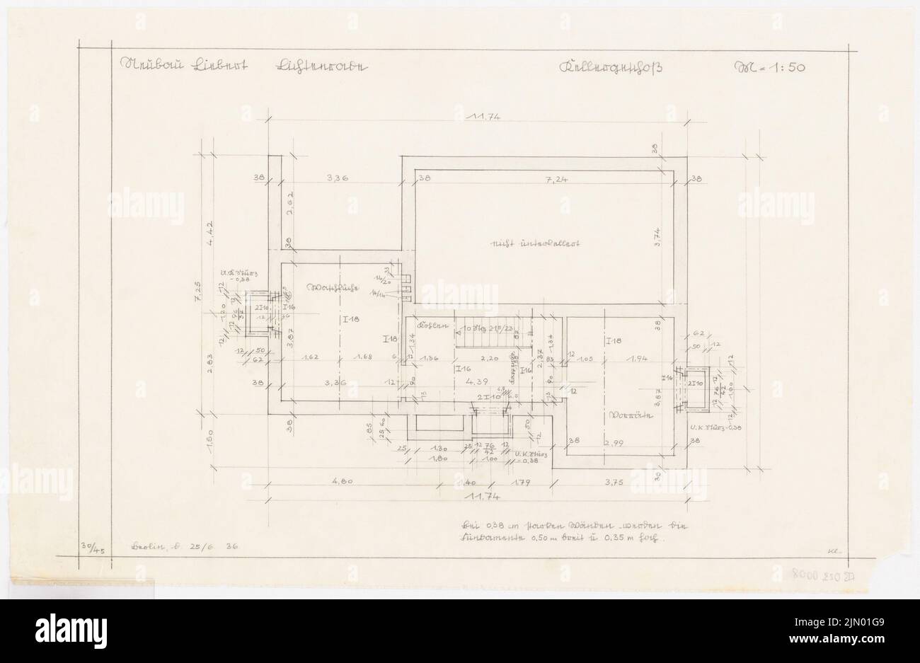 Böhmer Franz (1907-1943), Liebert immeuble résidentiel à Berlin-Lichtenrade (25.06.1936) : sous-sol Grundriss 1:50. Crayon sur transparent, 33,4 x 51,3 cm (y compris les bords de numérisation) Banque D'Images