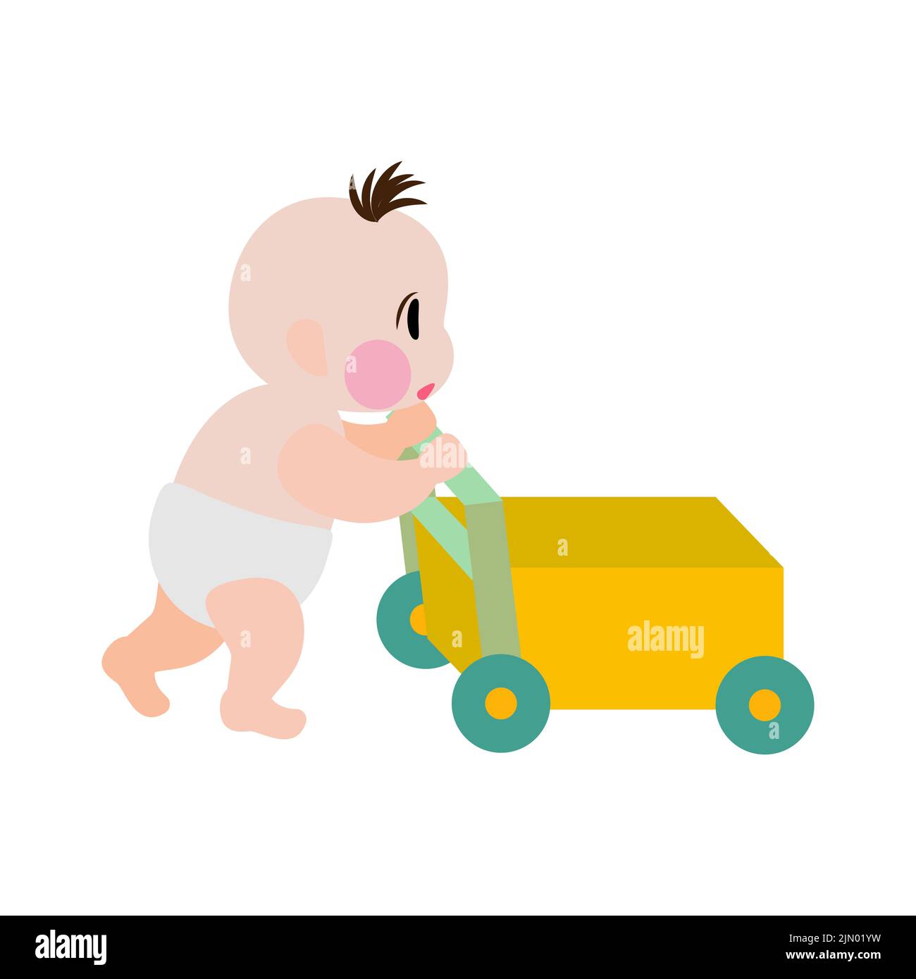 Dessin animé mignon bébé poussant chariot, chariot, apprentissage pousser vers l