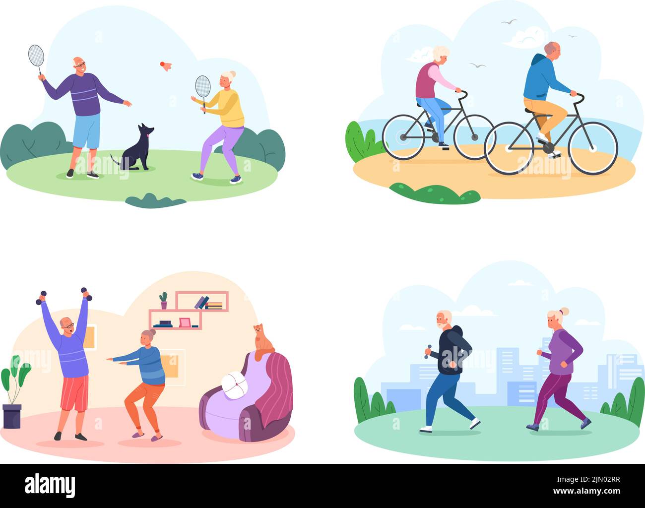 Style de vie d'entraînement pour les aînés. Personnes âgées sport exercice, badminton à la maison fitness vélo course, bien-être gai heureux sain couple aîné, athlètes âgés actifs, illustration vectorielle de la vieille femme et de l'homme Illustration de Vecteur